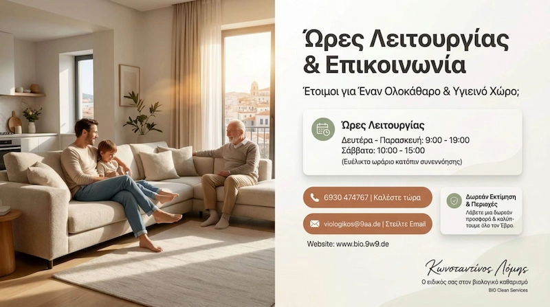 Οικογένεια σε καθαρό σαλόνι μετά τον βιολογικό καθαρισμό